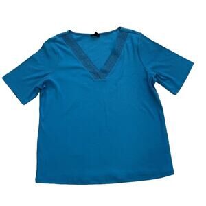 Talbots Peacock Blue Cotton Blend Short Sleeve V-Neck Ribbed T-Shirt Lace 14/16